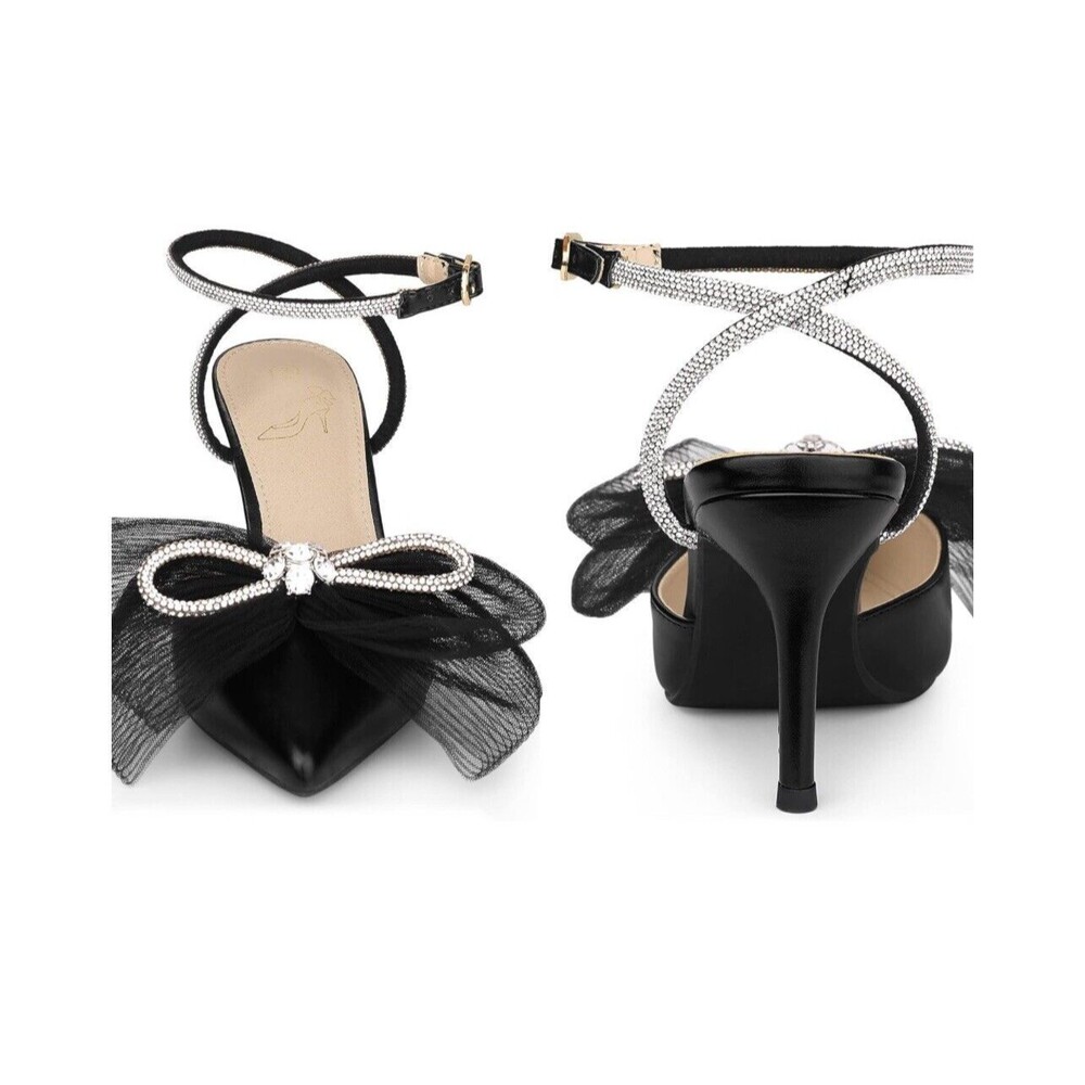 Perphy Women’s Rhinestone Mesh Bow Slingback Stiletto Heel Pumps - Black - 8 - Picture 2 of 8